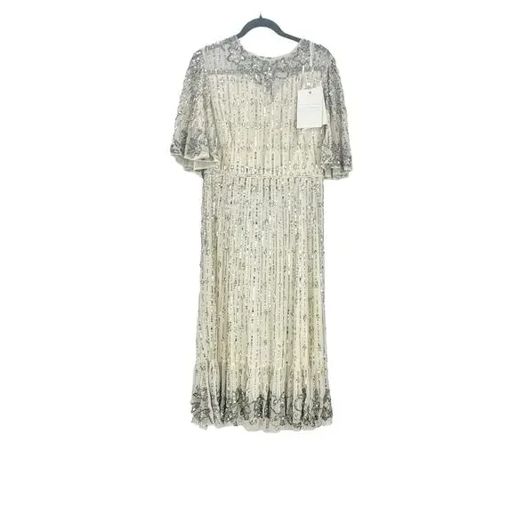 Mac Duggal Women's Nude Silver Sequined Flounce Sleeve Midi Dress Size 6 NWT - Picture 6 of 13